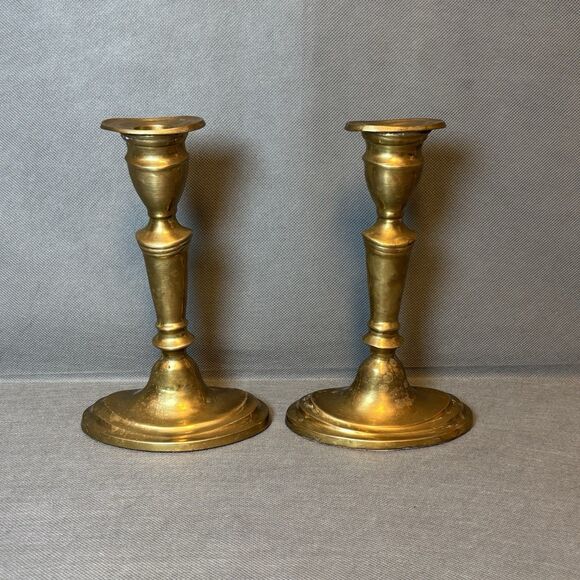 Antique Pair of Brass Candlestick Holders Primitive Metal Work Mantel Decor - Picture 1 of 8